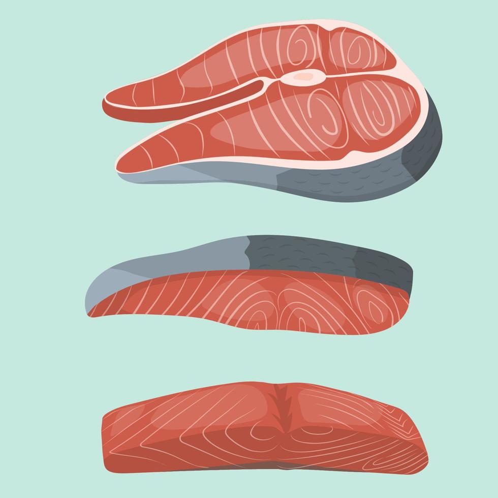 Set of salmon fillet and steaks in cartoon style. Seafood product design. Vector illustration.