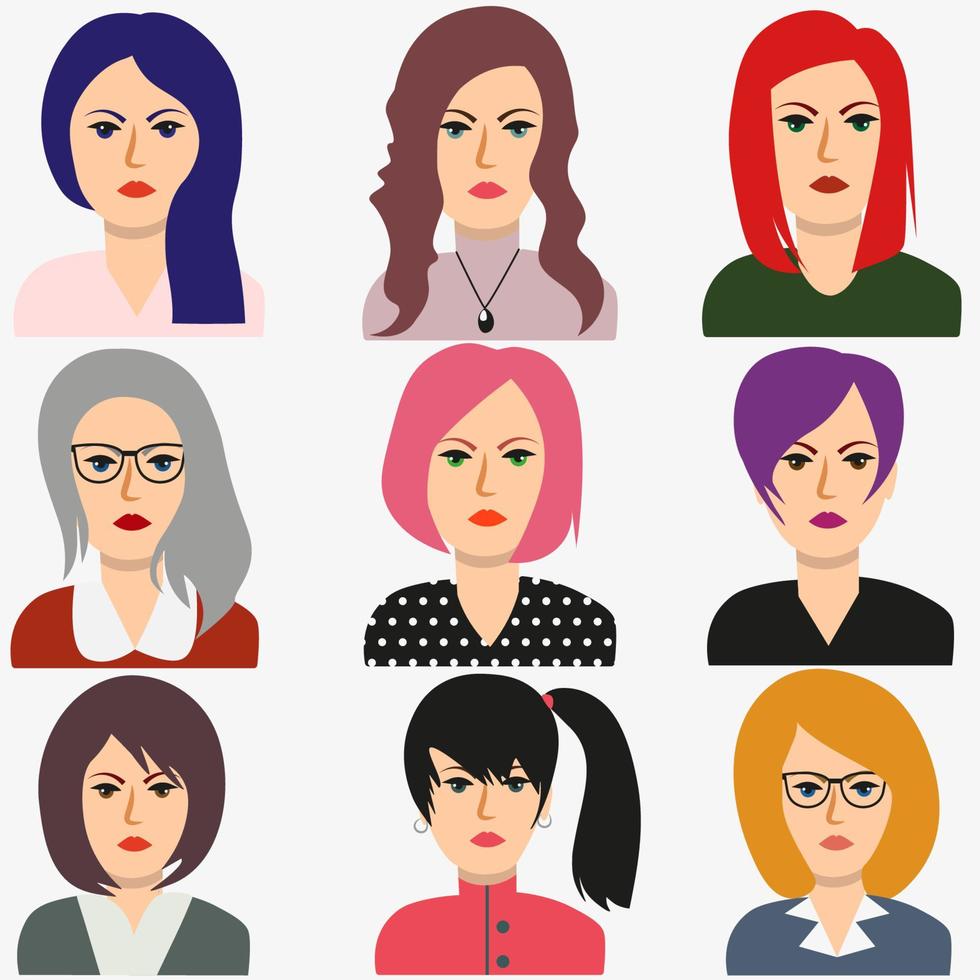 Set of woman avatars for web background design. Modern young people. Character design. User person. Flat vector illustration.