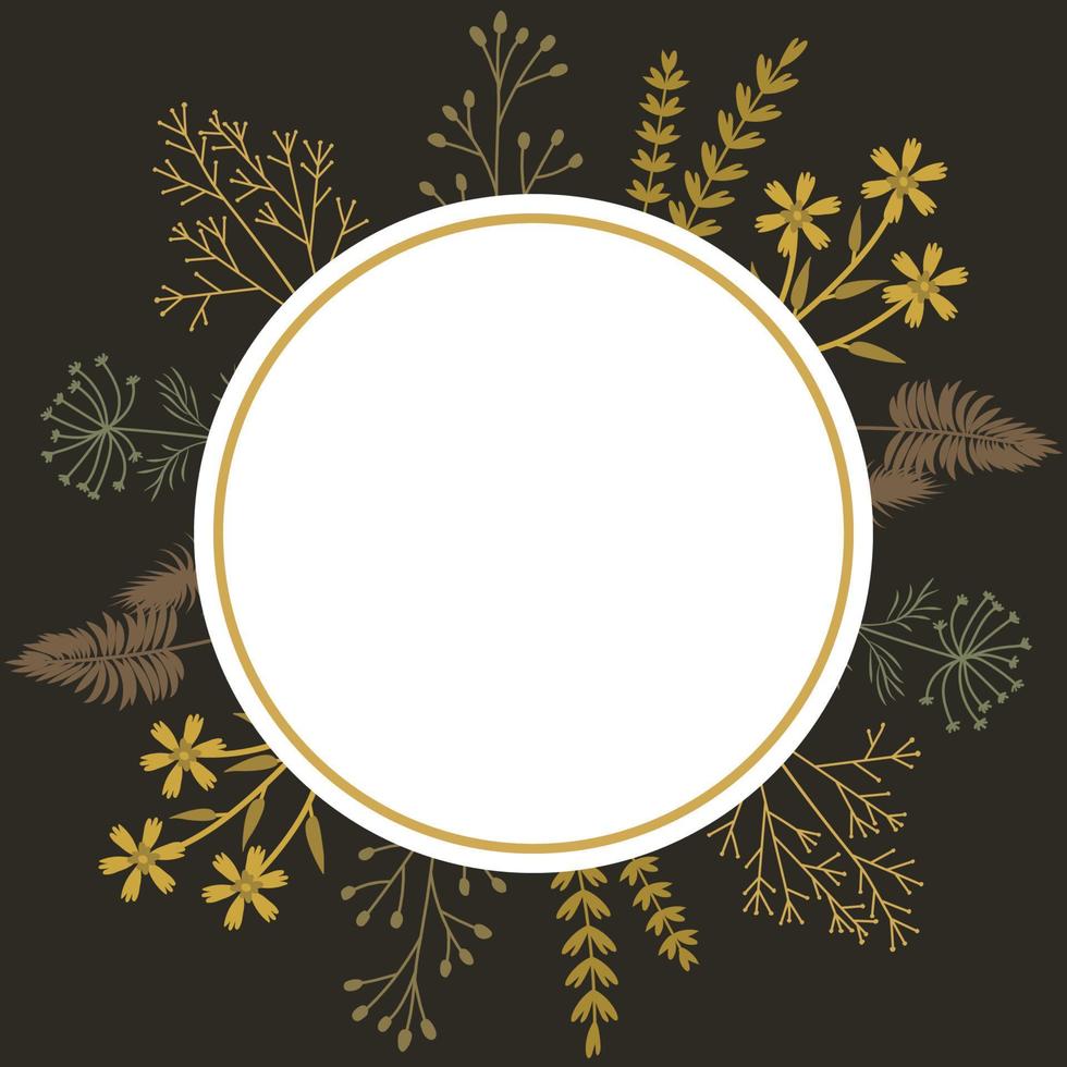 Round herbal frame on a dark background. Template for invitation, card, prints. Vector illustration.