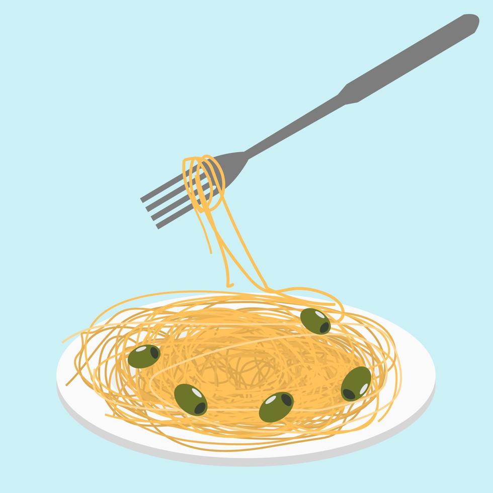 A plate of spaghetti with olives.  Food menu restaurant.  Cartoon vector illustration.