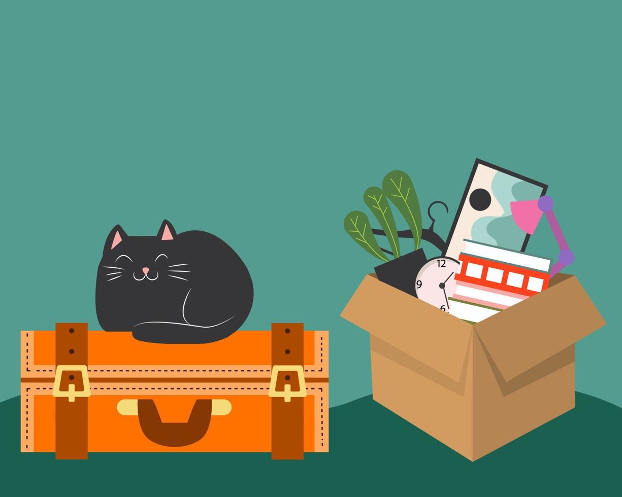 Moving to a new house. The cat lies on a suitcase. Belongings are packed in a box. Flat cartoon vector illustration.