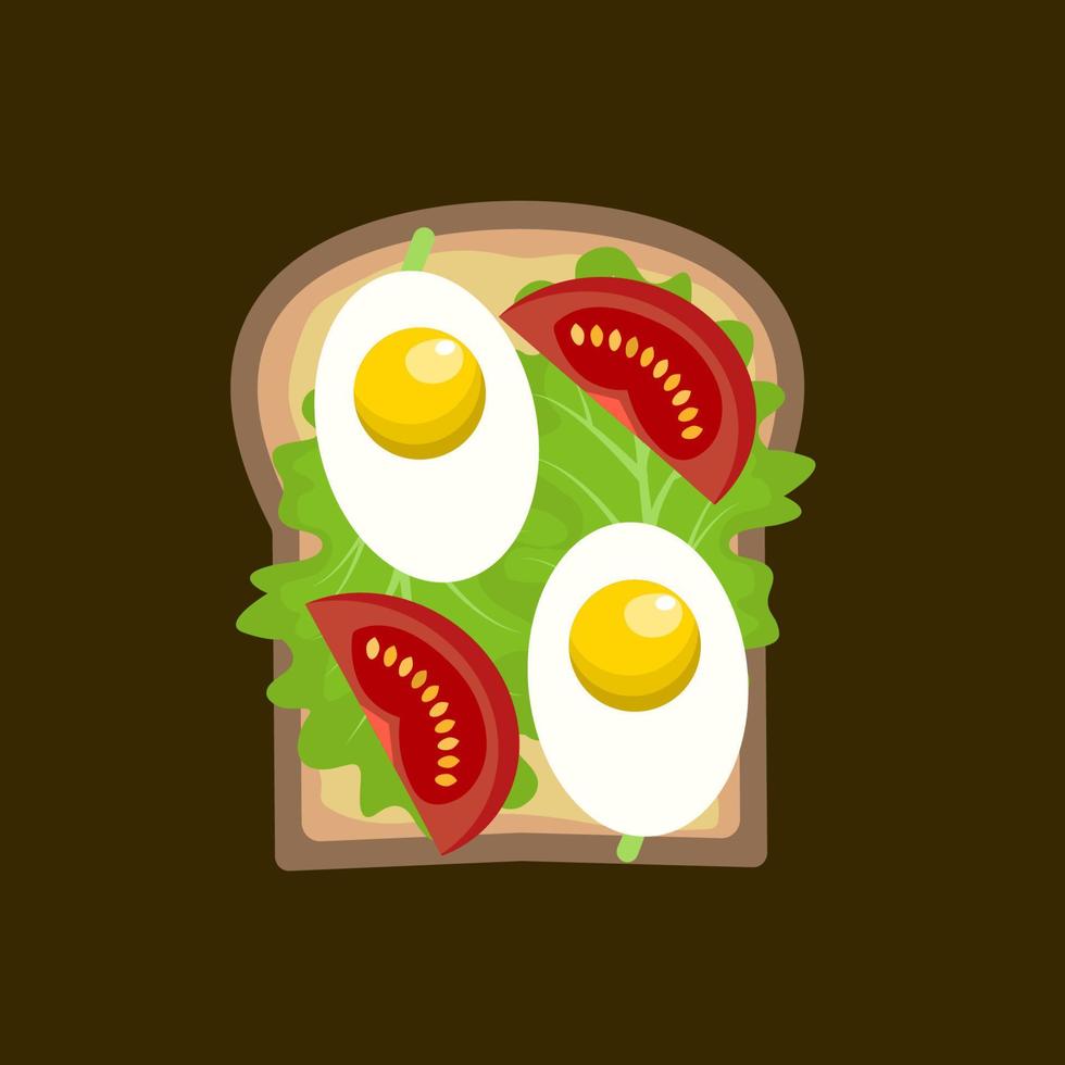 Breakfast toast with tomato, egg and lettuce. Flat cartoon vector illustration.