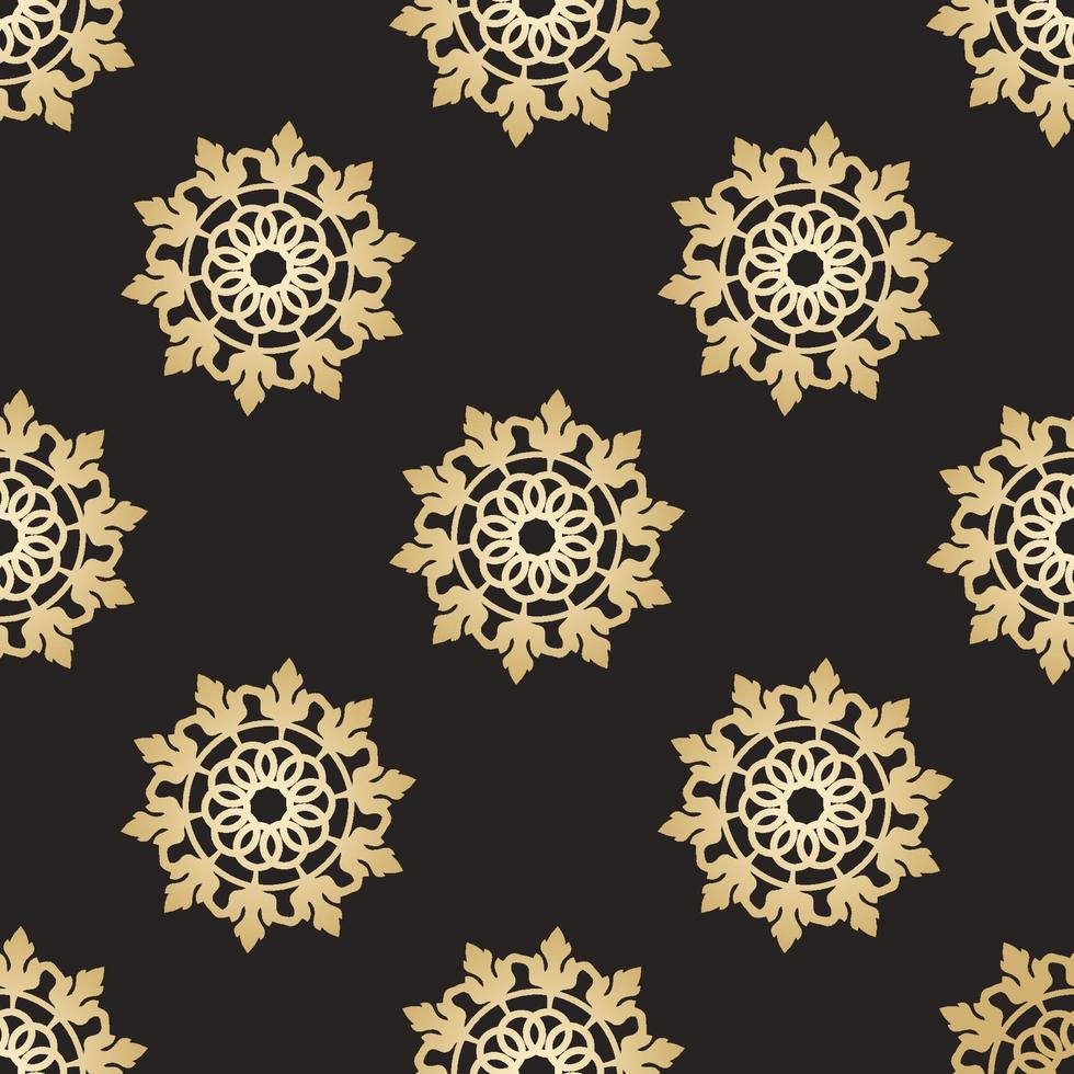 Seamless pattern with mandala ornament. Gold on a black background. Modern stylish abstract texture. Repeating geometric elements for web or textile. Vector illustration.