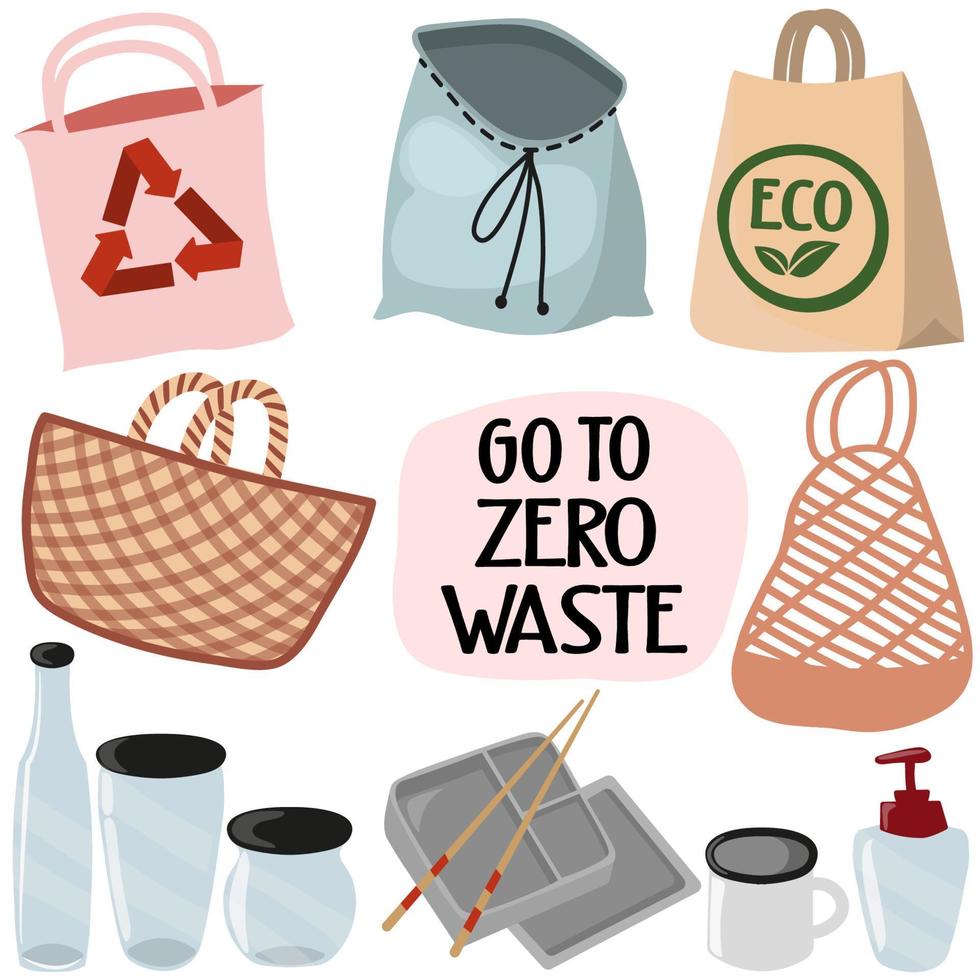 Zero waste concept set. Reusable eco products plastic free. Eco friendly lifestyle. vector