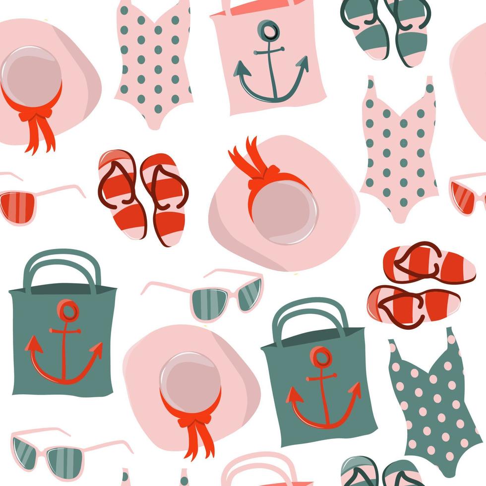 Seamless pattern with summer women clothes and accessories - swimsuit, handbag, hat, sunglasses, flip flops. vector