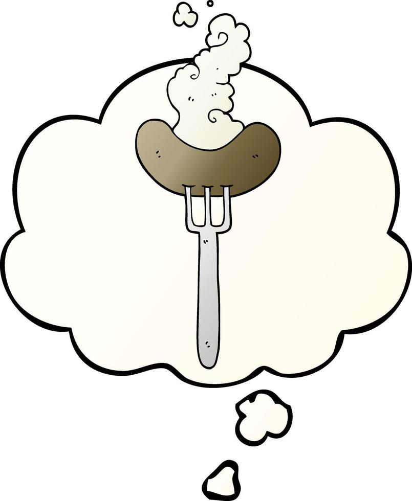 cartoon sausage on fork and thought bubble in smooth gradient style vector