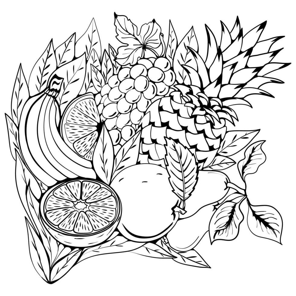 cóctel de frutas. conjunto de frutas tropicales sobre un fondo de hojas verdes. ramo de frutas. vector