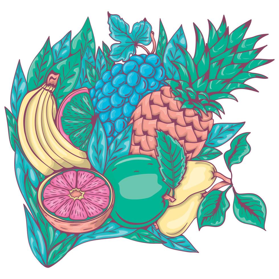 cóctel de frutas. conjunto de frutas tropicales sobre un fondo de hojas verdes. ramo de frutas. vector