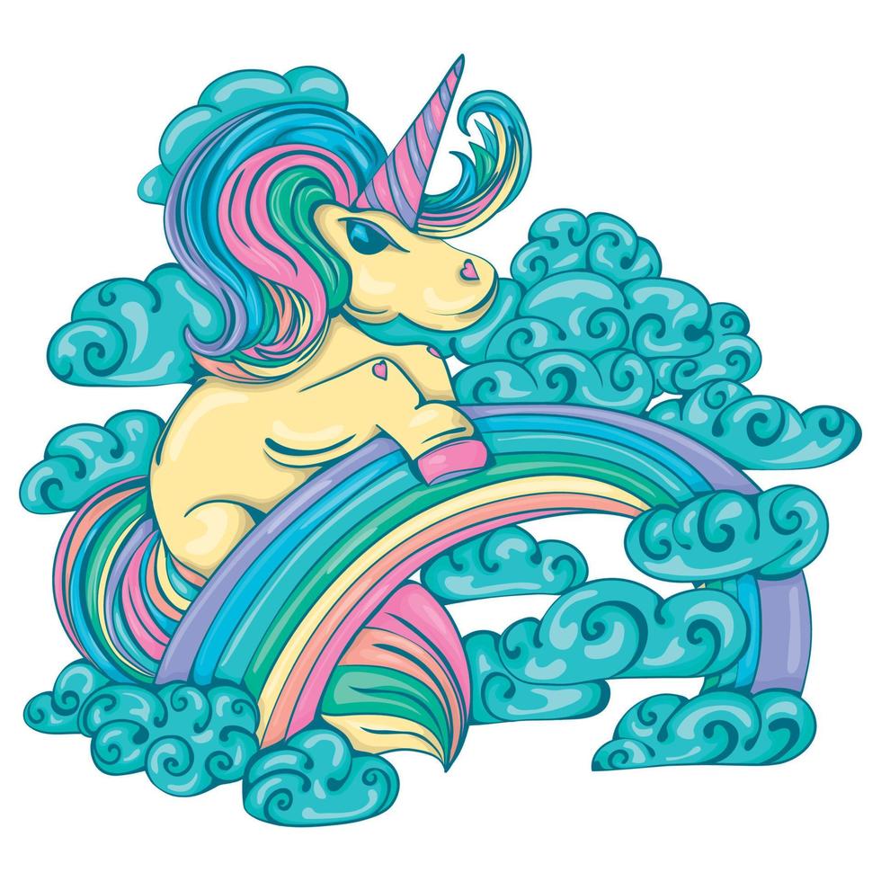 unicornio en las nubes en el arco iris. estado de ánimo divertido. ilustración de cuento de hadas. vector