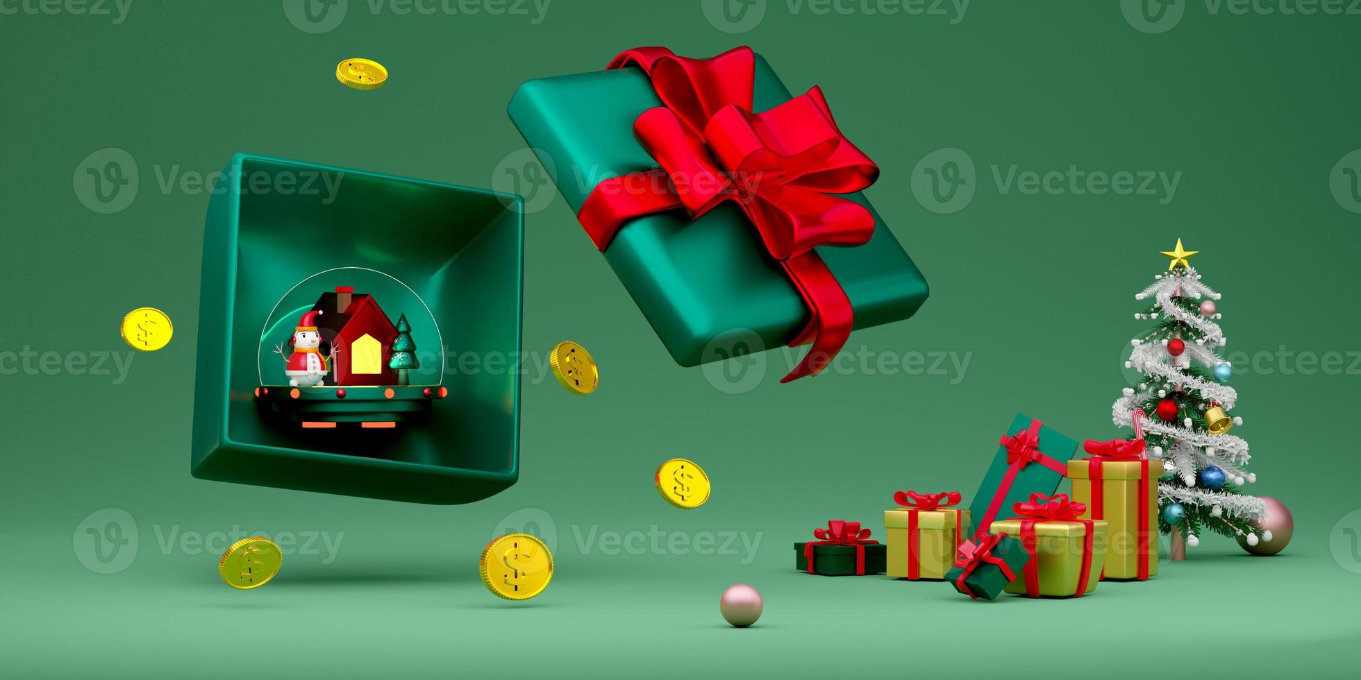 Gift box and snowman with gold coin and Christmas tree in green composition for website or poster or Happiness cards,Christmas banner and festive New Year, realistic 3d illustration or 3d render photo