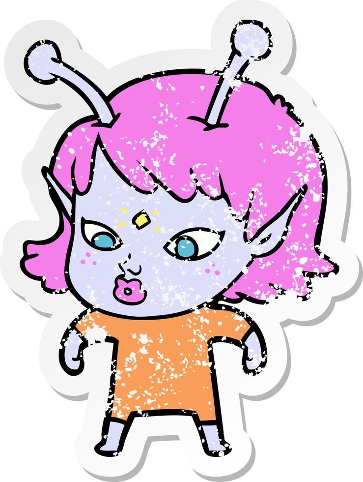 distressed sticker of a pretty cartoon alien girl vector