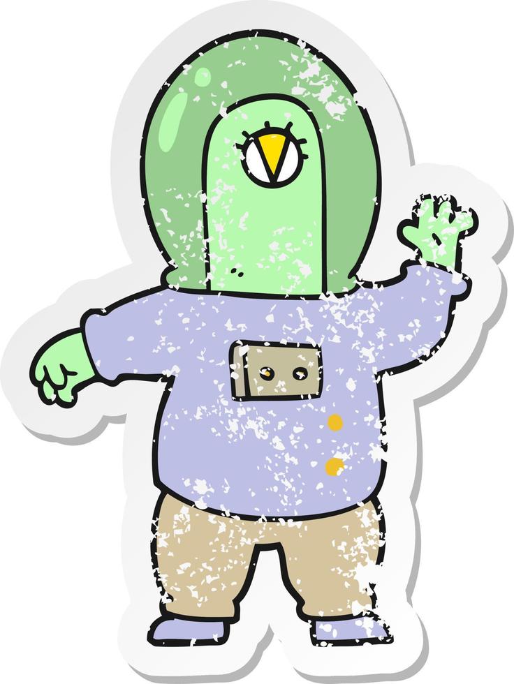 distressed sticker of a cartoon space alien vector