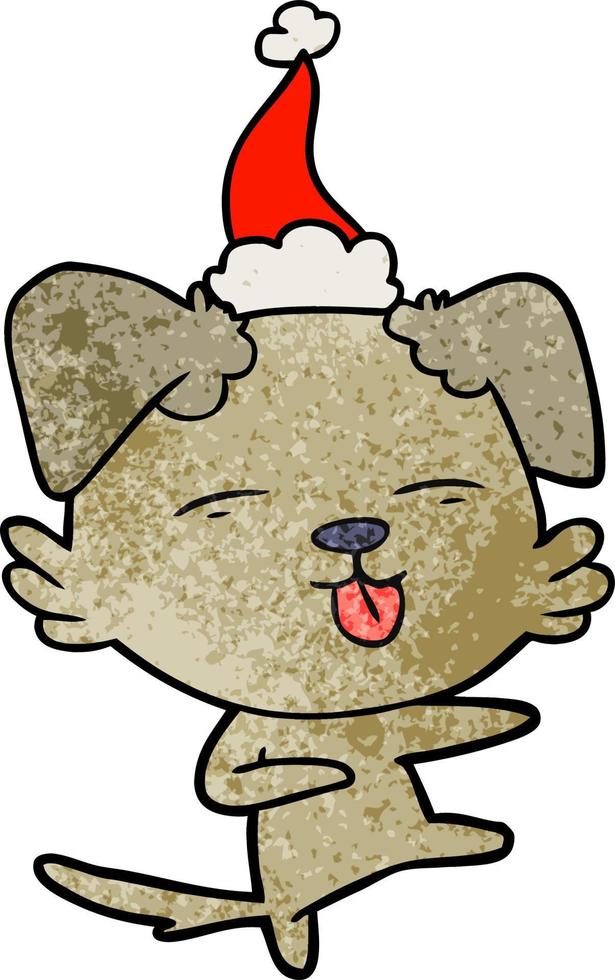 textured cartoon of a dog dancing wearing santa hat vector