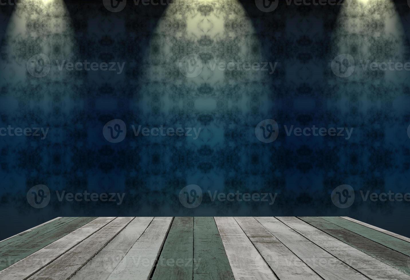 wooden table with abstract background in dark room illuminated by 3 spots photo