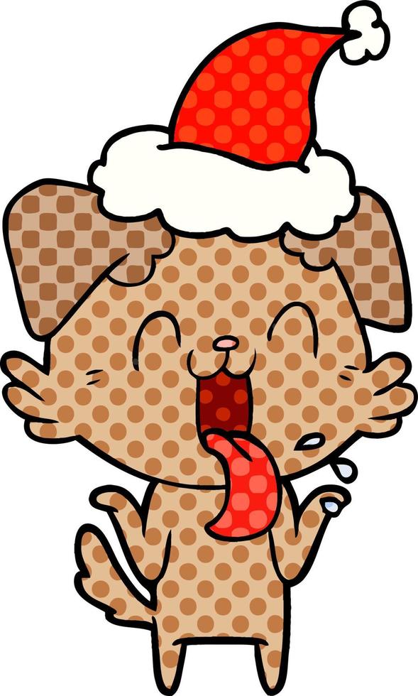 comic book style illustration of a panting dog shrugging shoulders wearing santa hat vector