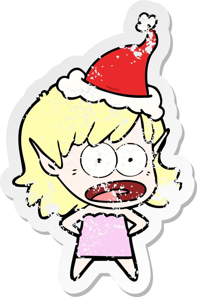 distressed sticker cartoon of a shocked elf girl wearing santa hat vector