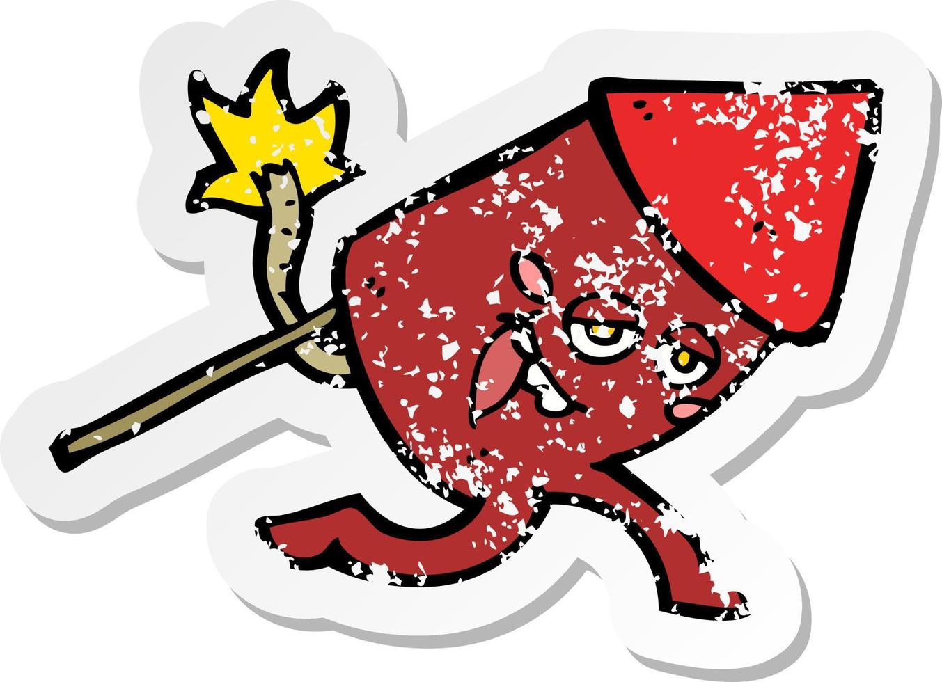 retro distressed sticker of a cartoon funny firework character vector