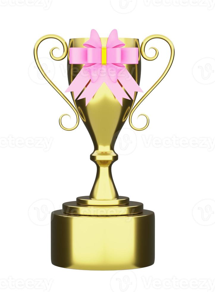 copa de campeón de oro o trofeos con cinta rosa aislada en fondo blanco, ilustración conceptual 3d o presentación 3d foto
