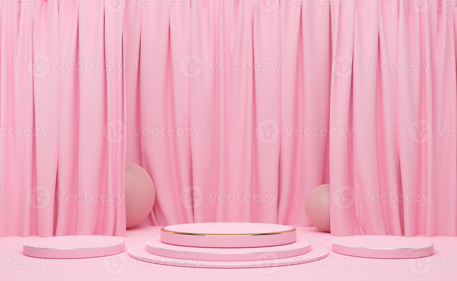 podium empty with geometric shapes and curtain in pink pastel composition for modern stage display and minimalist mockup ,abstract showcase background ,Concept 3d illustration or 3d render photo