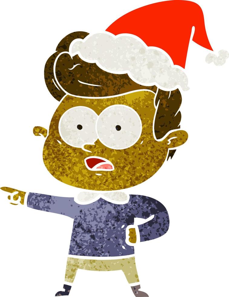 retro cartoon of a staring man wearing santa hat vector