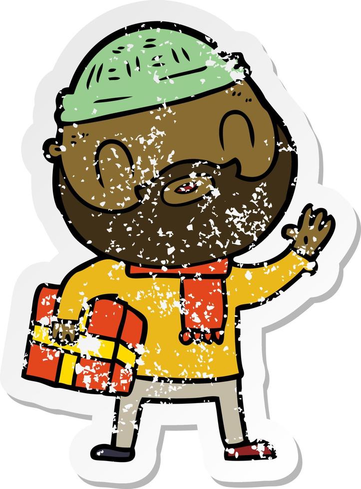 distressed sticker of a cartoon bearded man vector
