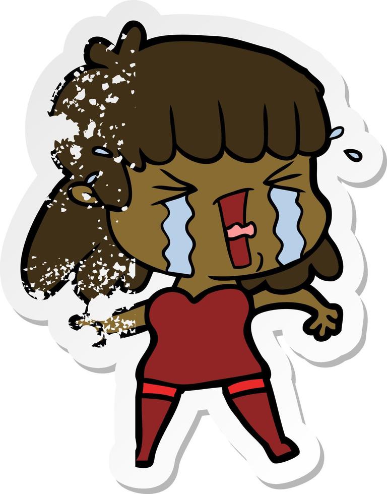 distressed sticker of a cartoon woman in tears vector