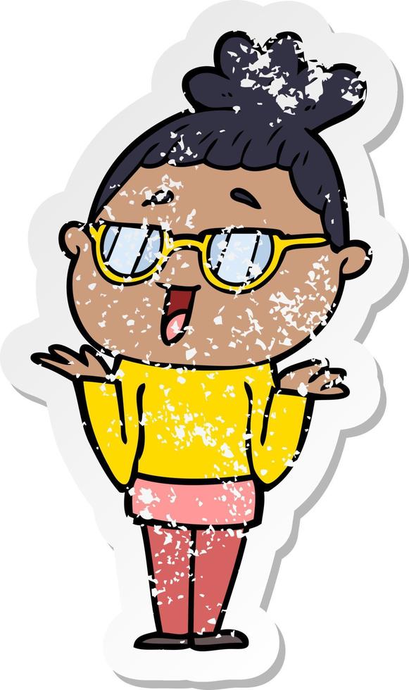 distressed sticker of a cartoon happy woman wearing spectacles vector