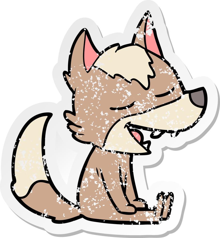 distressed sticker of a cartoon wolf laughing vector