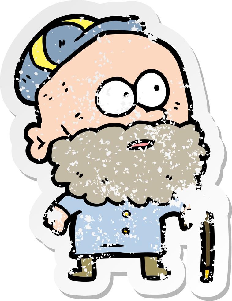 distressed sticker of a cartoon old man with walking stick vector