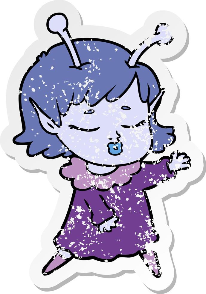 distressed sticker of a cute alien girl cartoon vector