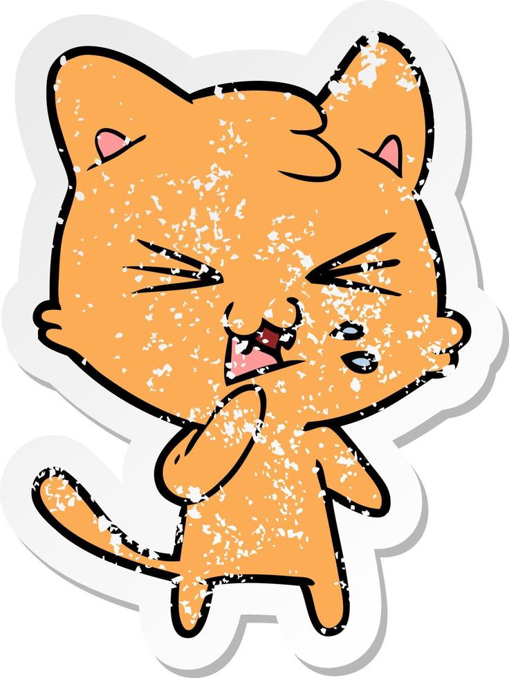 distressed sticker of a cartoon hissing cat vector
