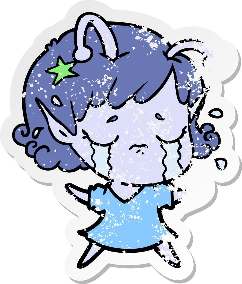 distressed sticker of a cartoon crying alien girl vector