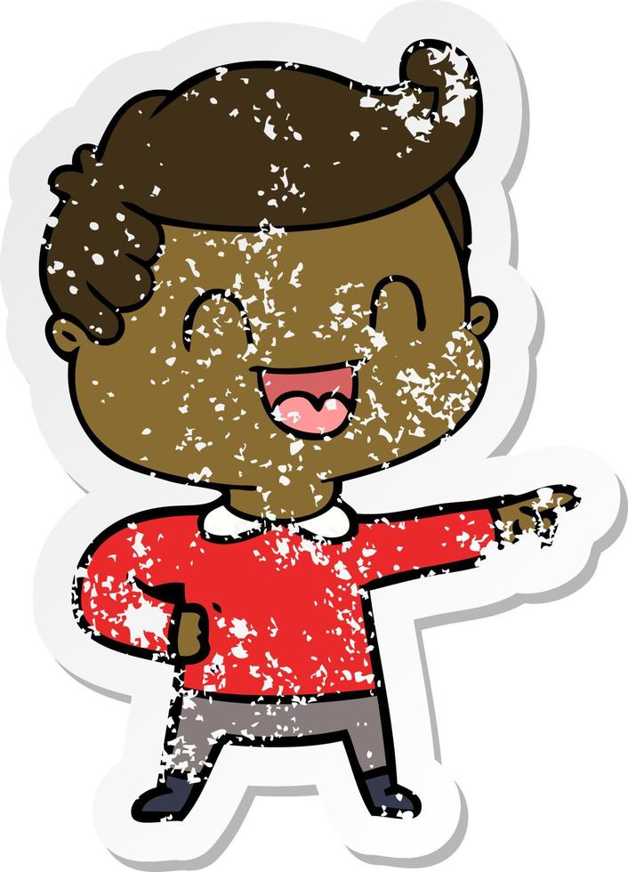 distressed sticker of a cartoon happy man pointing vector