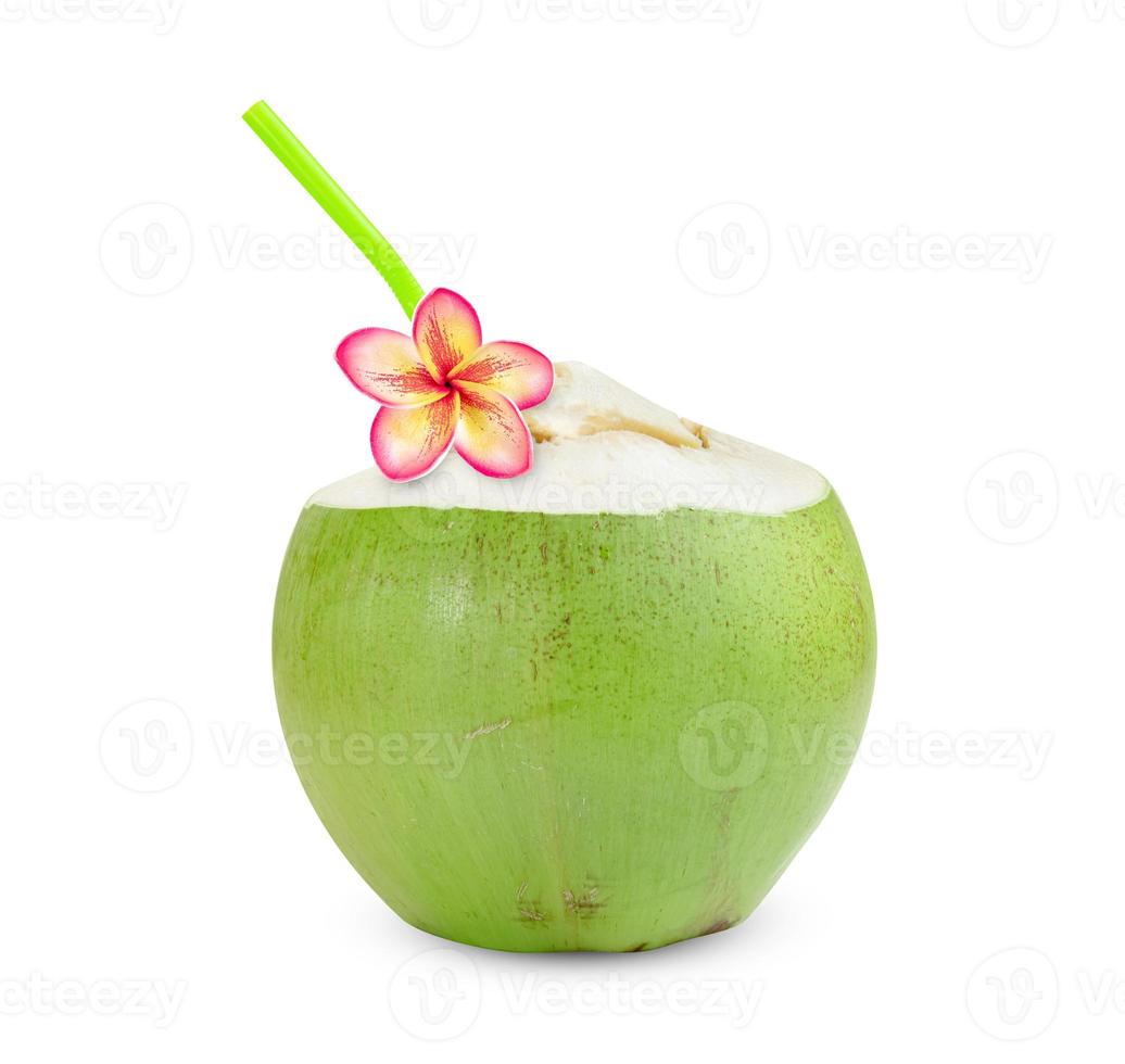 Green coconut fruit with Plumeria flower and tube isolated on white background photo