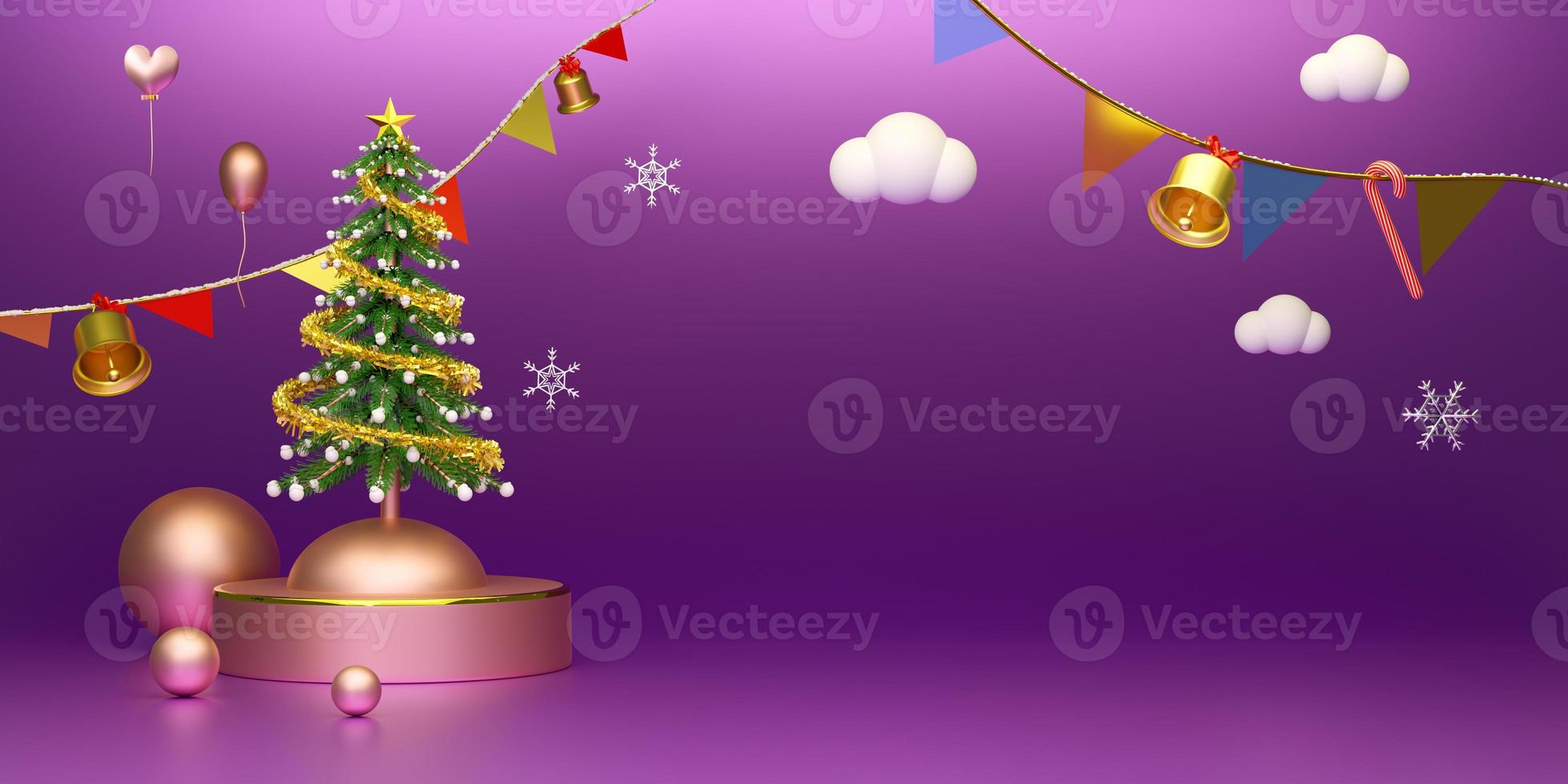 Chrismas tree and ornaments in purple or violet composition for website or poster or Happiness cards,Christmas banner and festive New Year, realistic 3d illustration or 3d render photo