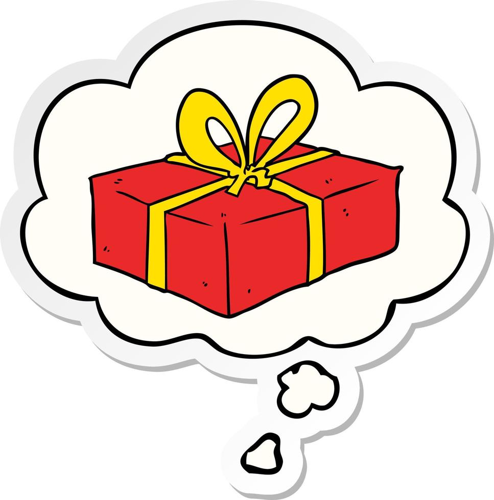 cartoon wrapped gift and thought bubble as a printed sticker vector