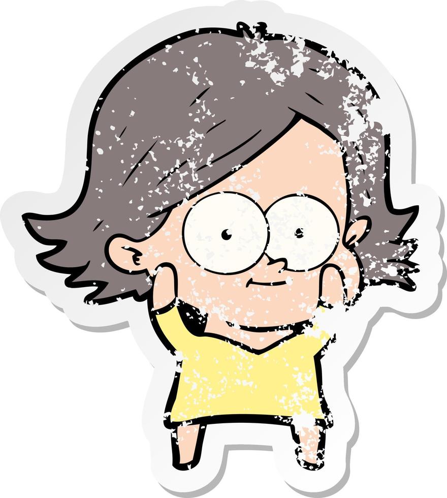 distressed sticker of a happy cartoon girl vector