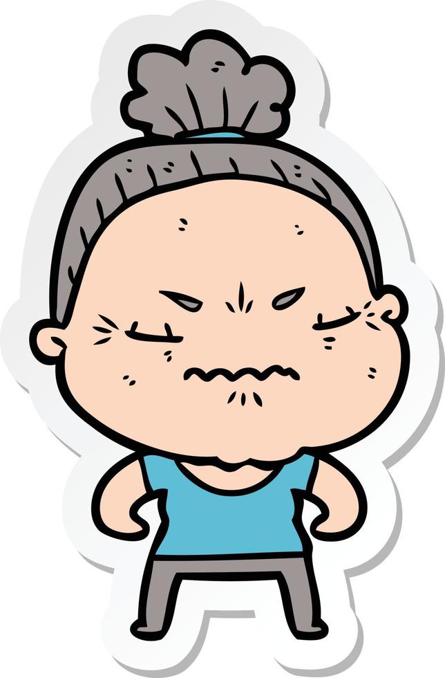 sticker of a cartoon annoyed old lady vector