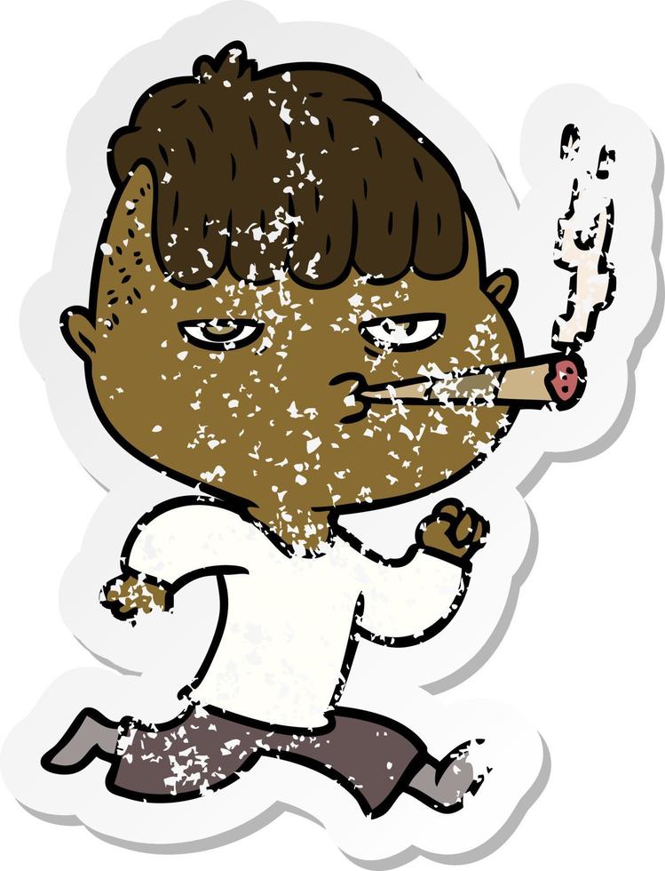 distressed sticker of a cartoon man smoking whilst running vector