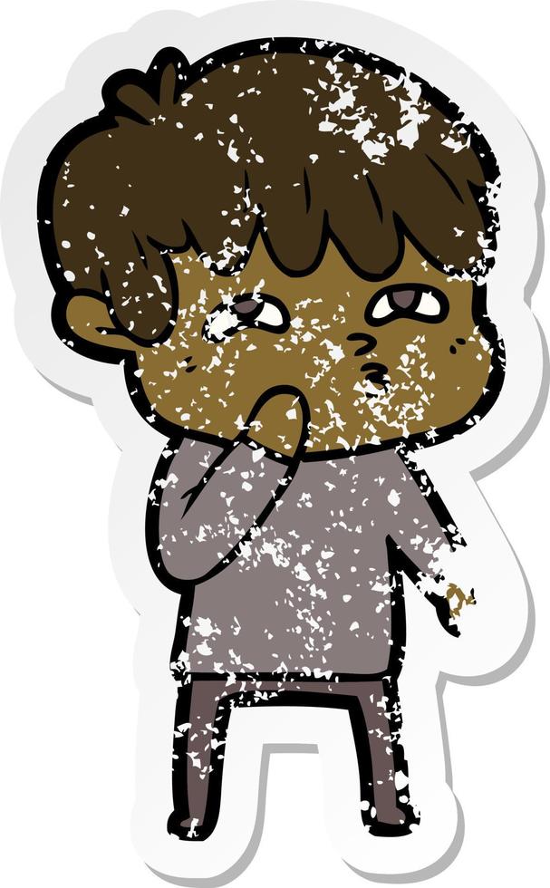distressed sticker of a cartoon curious man vector