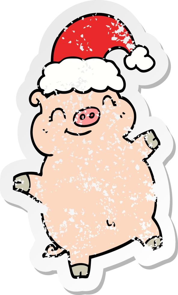 distressed sticker of a cartoon happy christmas pig vector