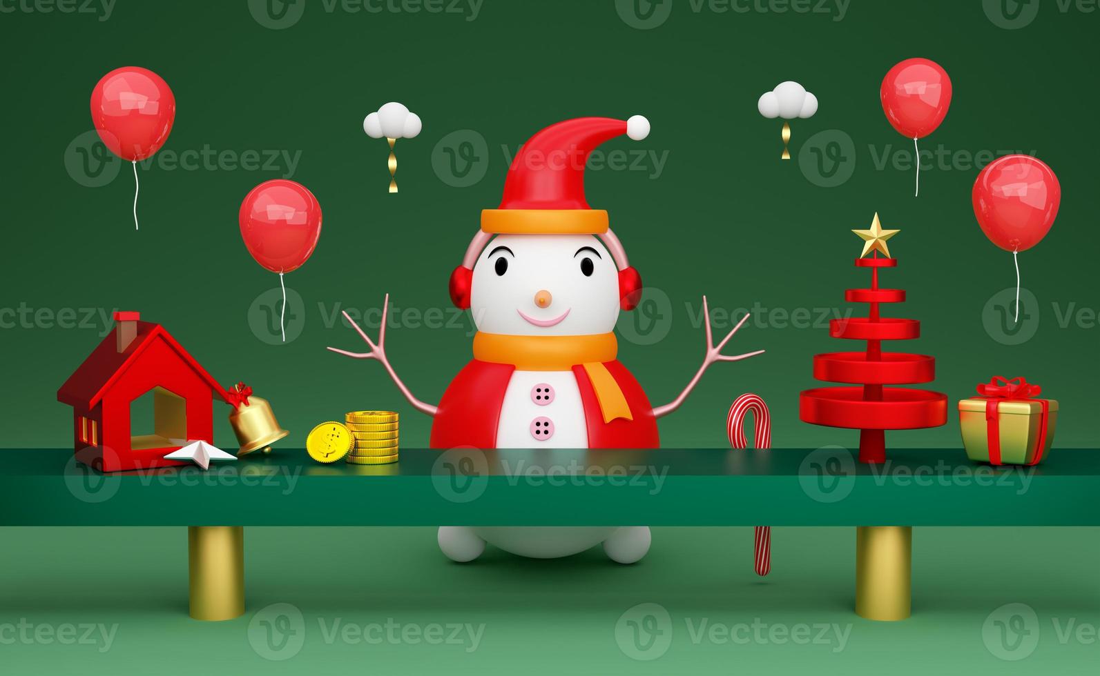 podio vacío y muñeco de nieve con árbol de navidad y globo en composición verde para sitio web o afiche o tarjetas de felicidad, pancarta navideña y año nuevo festivo, ilustración 3d realista o presentación 3d foto