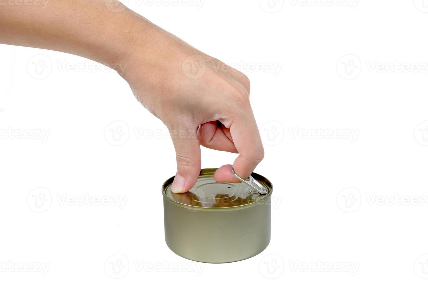 hand open canned food isolated on white background photo