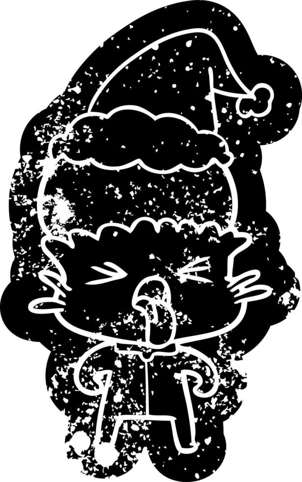 weird cartoon distressed icon of a alien wearing santa hat vector