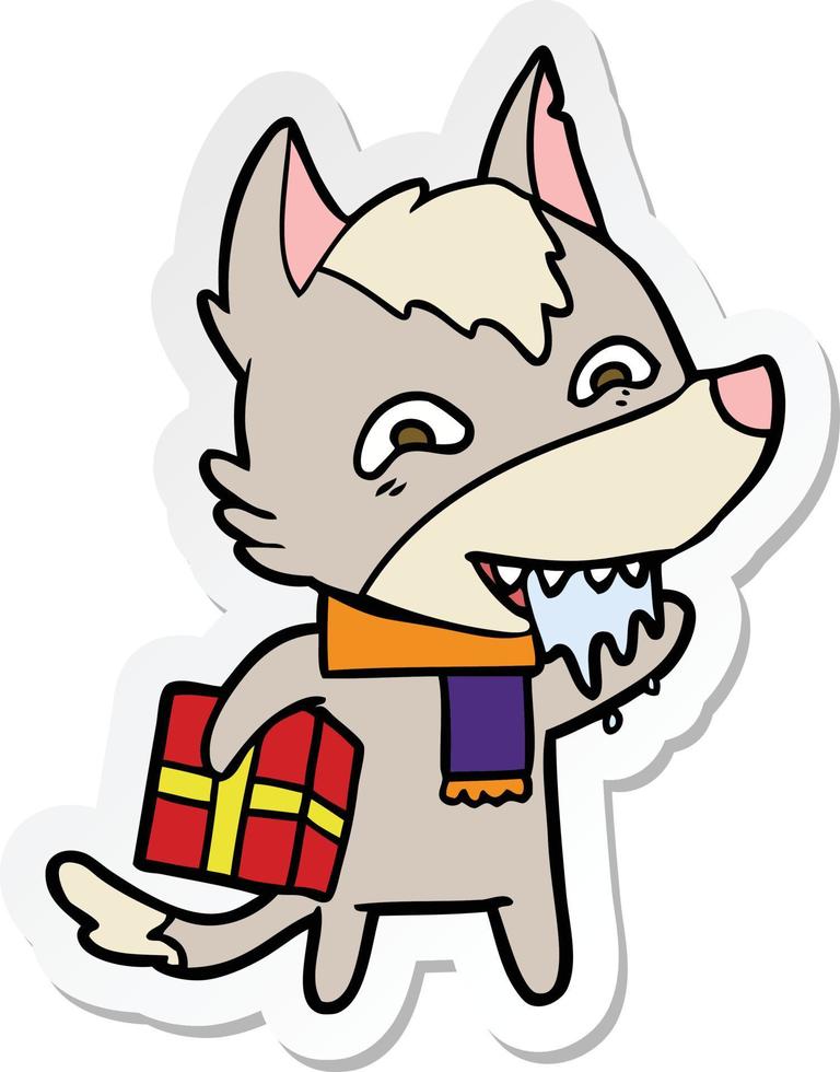 sticker of a cartoon hungry wolf holding christmas present vector