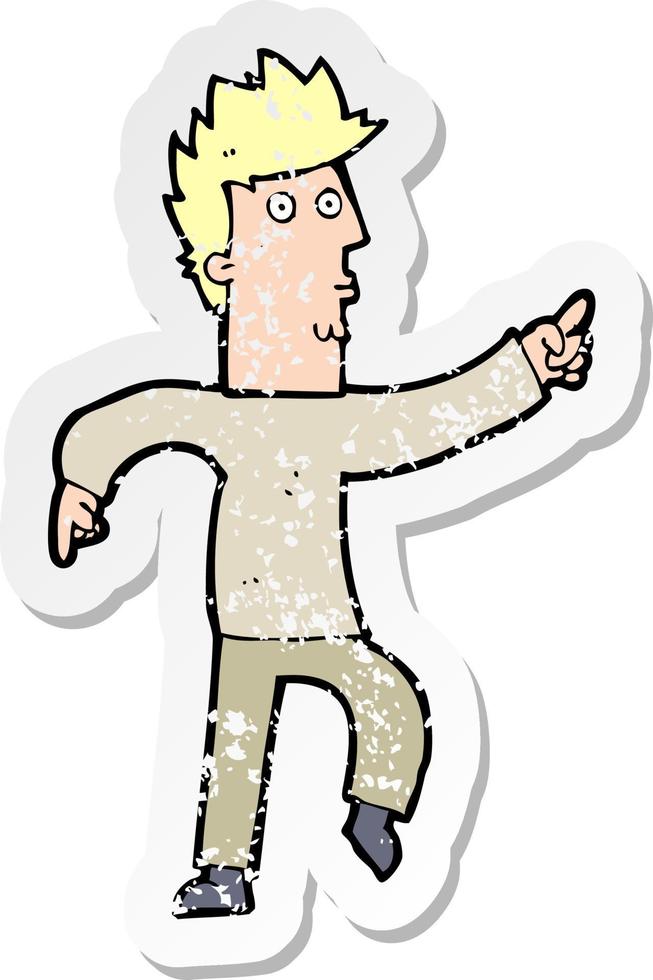 retro distressed sticker of a cartoon worried man pointing vector