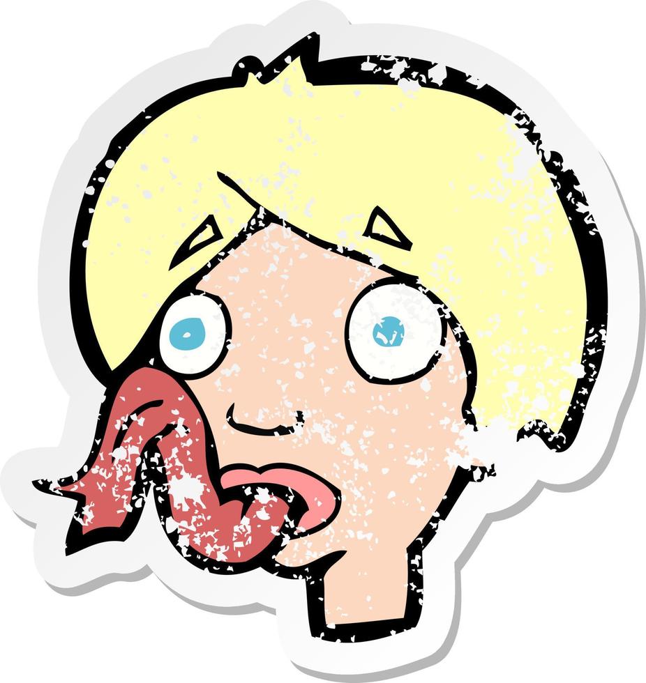 retro distressed sticker of a cartoon head sticking out tongue vector