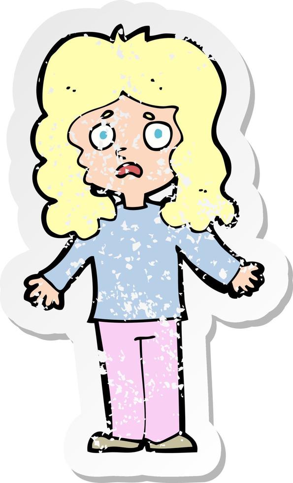 retro distressed sticker of a cartoon worried woman vector