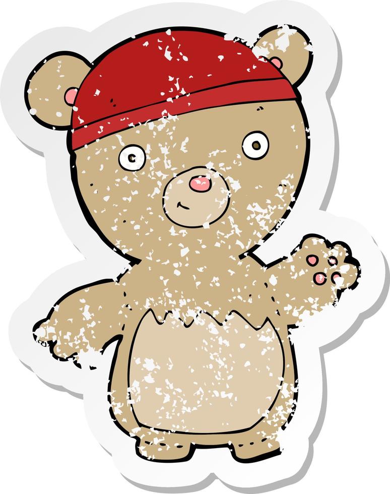 pegatina retro angustiada de un oso de peluche de dibujos animados con sombrero vector