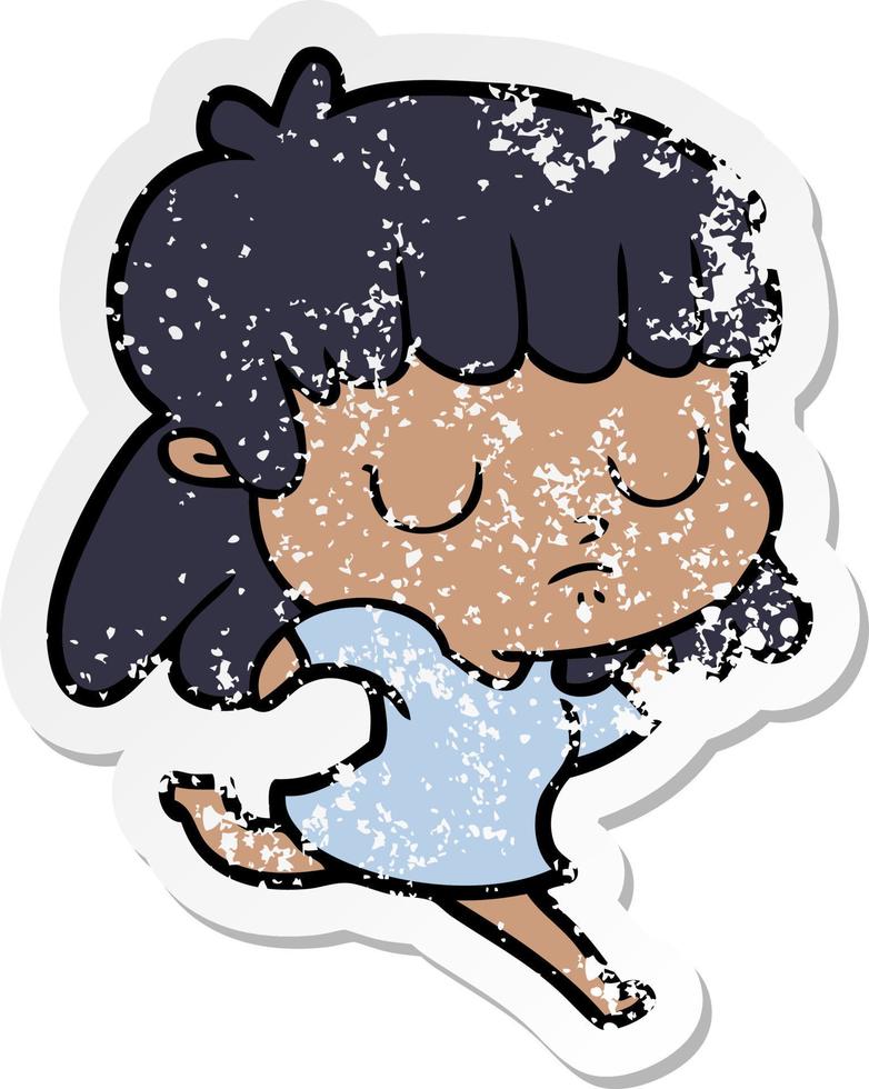 distressed sticker of a cartoon indifferent woman running vector